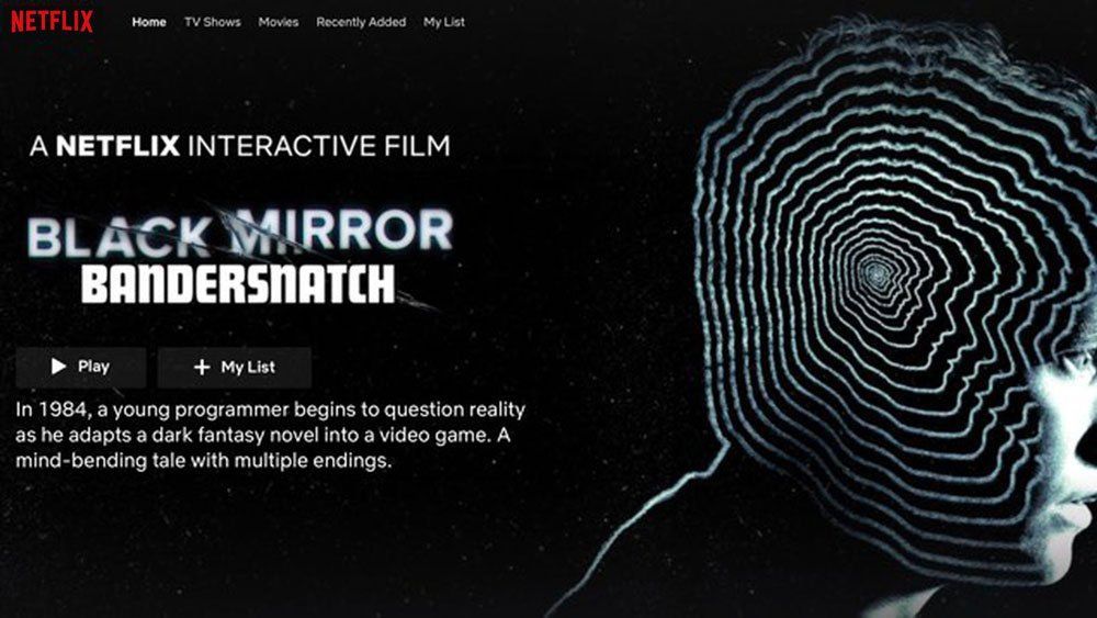 Netflix Black Mirror: Bandersnatch title screen with play button and white profile silhouette on black background