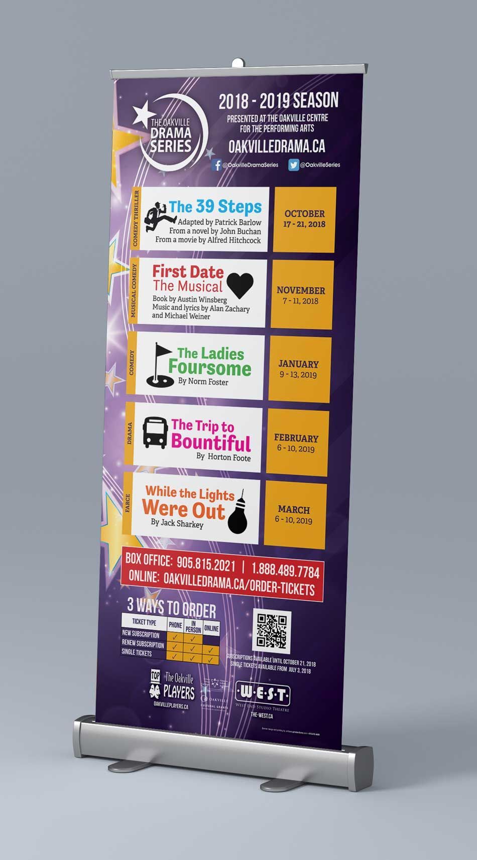 Purple roll-up banner with step-by-step recycling info and QR code on a silver stand