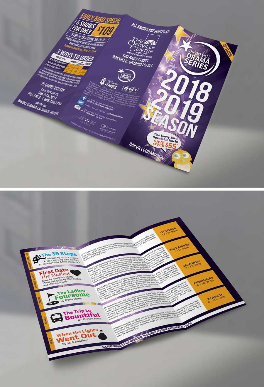 Purple brochure for the 2018–2019 season, shown closed and open with event listings inside.