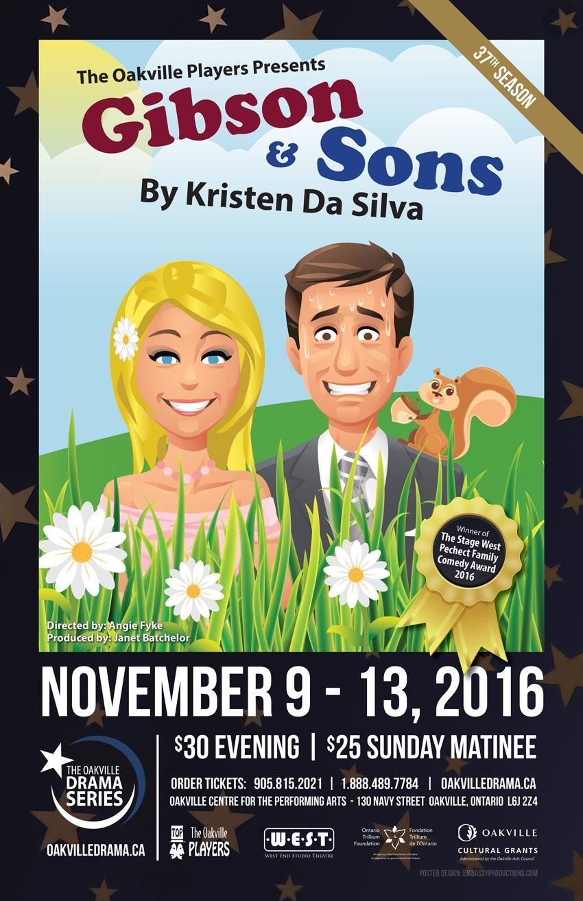 Poster for “Gibson & Sons” with smiling illustrated couple, flowers, and performance dates November 9–13, 2016.
