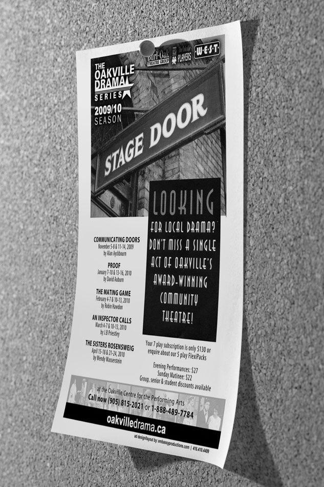 Black-and-white flyer for a stage door event with bold text and a black information panel.