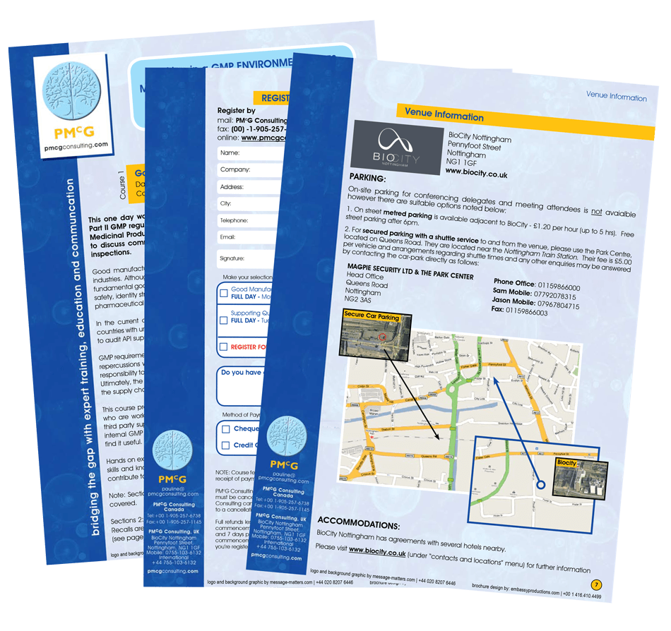 Stack of blue and white brochures with text, logos, and a small map graphic on the cover
