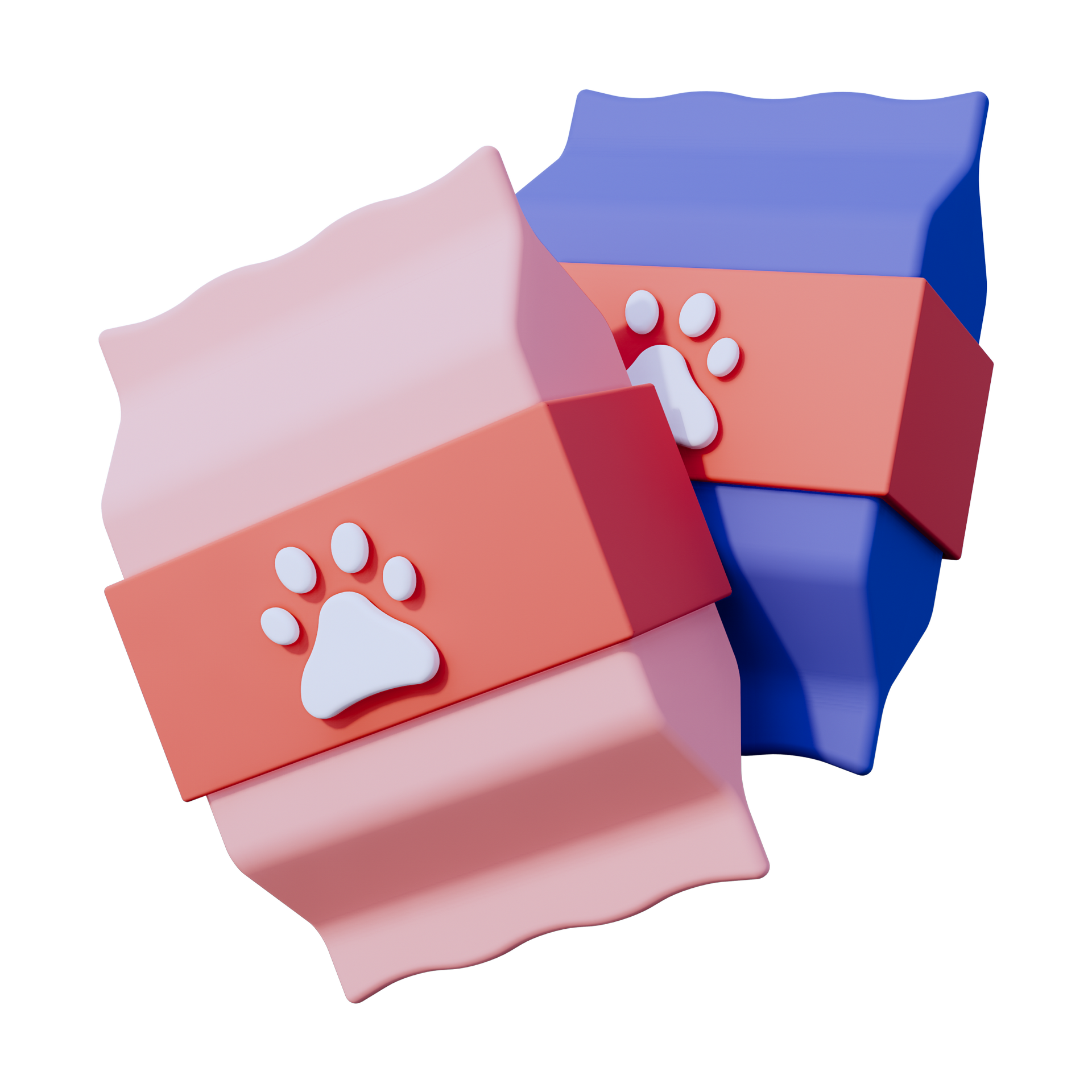 Two pink soap bars with paw-print embossing, one against a blue bar, on a white background