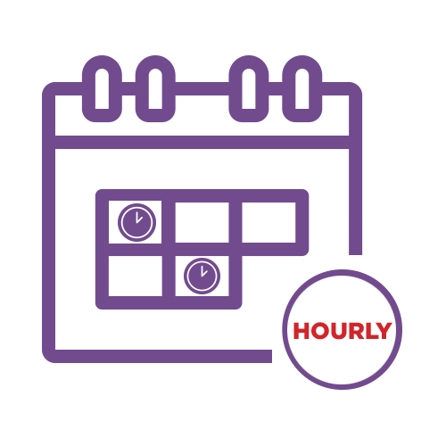 Purple calendar icon with clock symbols and red “HOURLY” label, indicating hourly scheduling.