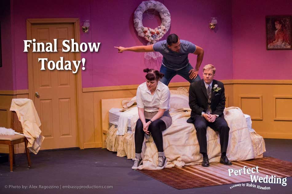 Three actors on a pink stage with “Final Show Today!” text; one leaps over two seated men.
