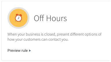 “Off Hours” settings card with a yellow clock icon and “Preview rule” link