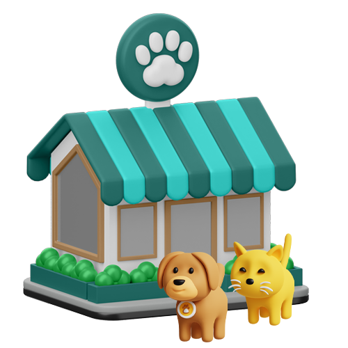 Pet shop with teal striped awning and paw sign, beside two small dog figures in front