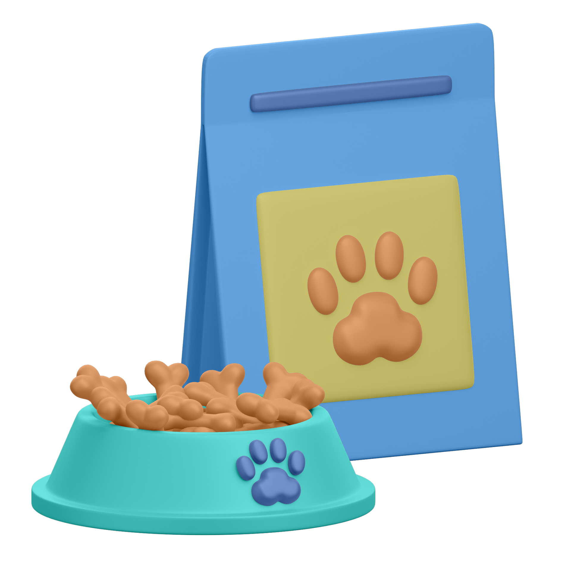 Pet food bowl with kibble in front of a blue bag labeled with a paw print