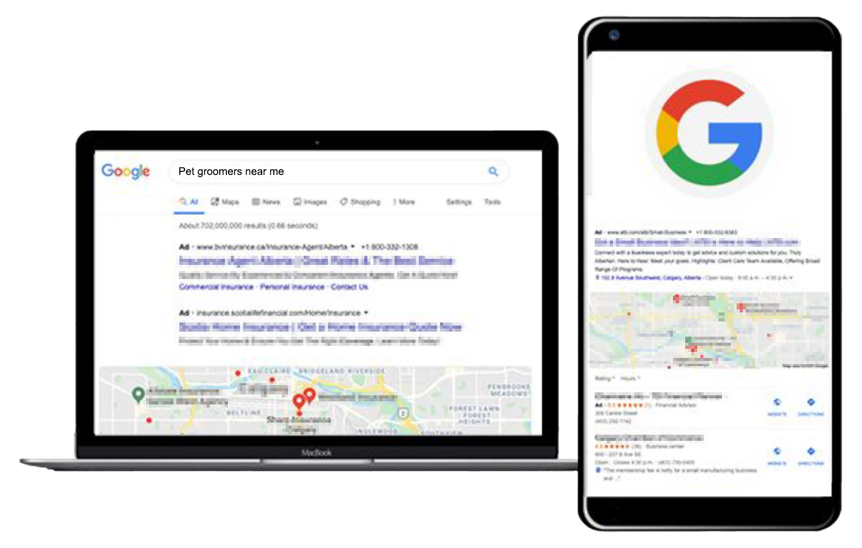 Google search results shown on a laptop and smartphone with maps and listings