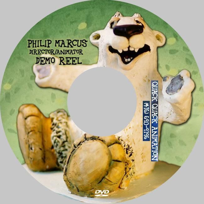 DVD demo reel disc label with a smiling clay creature and text “Philip Marcus Director/Animator Demo Reel”