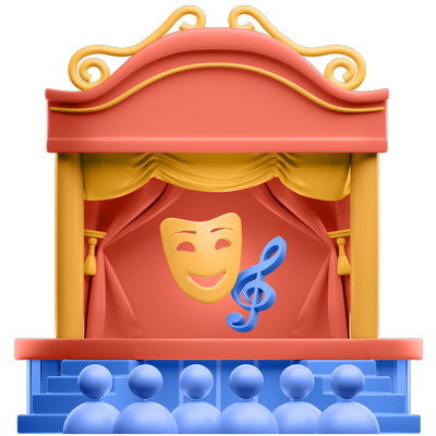 Red theater stage with gold curtains, a comedy mask, and blue audience seats in front