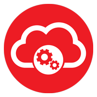 Red cloud icon with white outline and red gears inside a white circle
