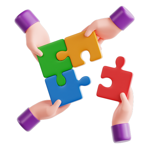 Four hands hold colorful interlocking puzzle pieces in a teamwork concept.