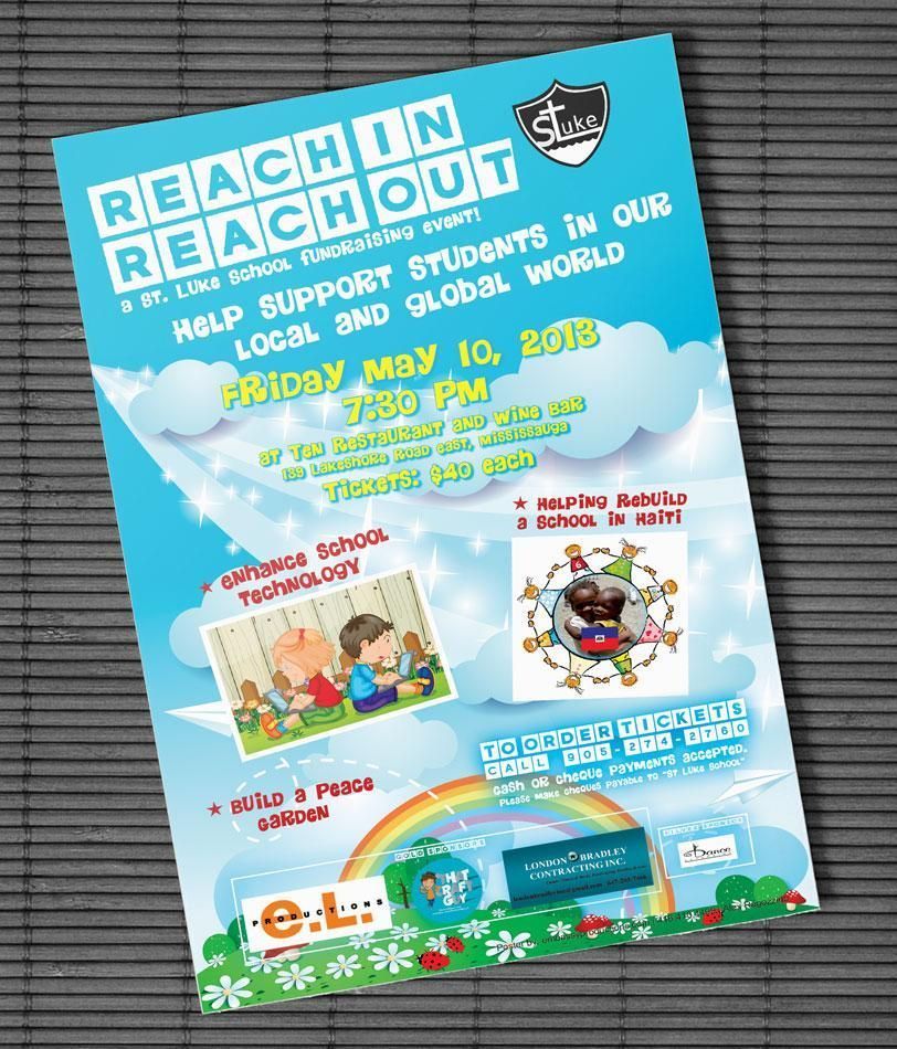 Blue poster for “Reach In Touch Out” support day with event details and cartoon children at the bottom