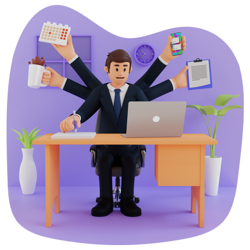 Overworked office worker juggling tasks at a desk with laptop, calendar, mug, and documents.