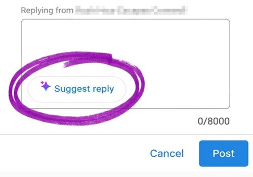 “Suggest reply” button circled in purple in a reply text box, with Cancel and Post buttons below