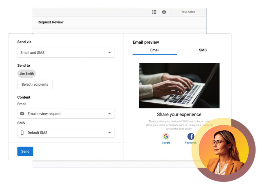 Email preview and send form with a website mockup and a circular profile photo overlay