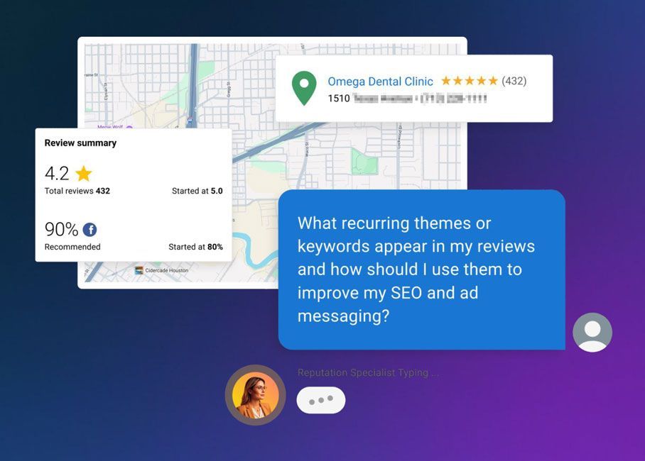 Chat interface with review summary cards and a message asking how to improve SEO and messaging.
