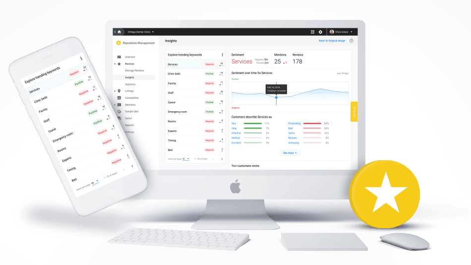 Desktop and phone showing an analytics dashboard with charts and a yellow star icon