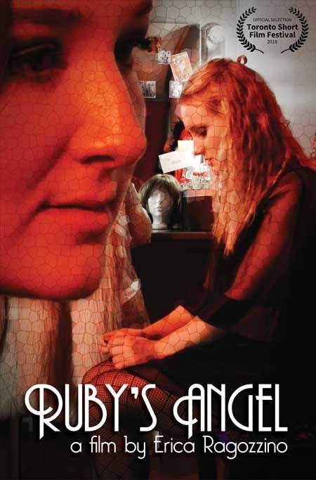 Movie poster for “Ruby’s Angel” with a red-tinted close-up face and a woman sitting at a piano.