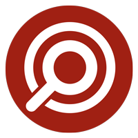 White magnifying glass inside a red circular icon with a white ring