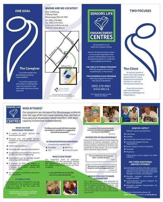 Blue and white brochure for senior life centers with logos, text panels, and photos of smiling people