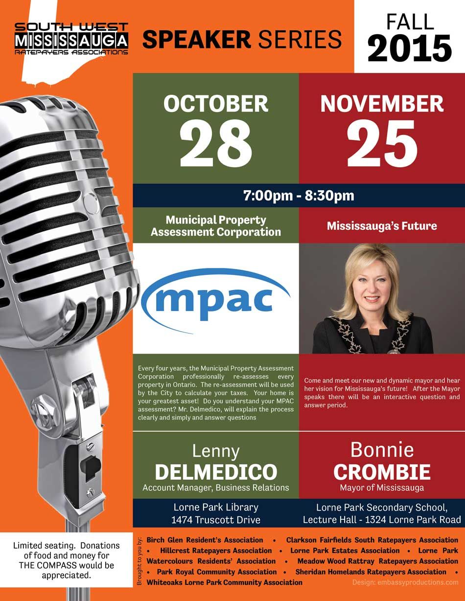 Mississauga Speaker Series poster with large microphone, dates Oct. 28 and Nov. 25, Fall 2015, MPAC and speakers listed