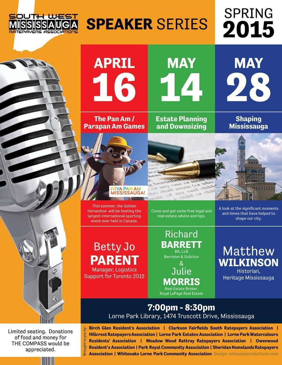 Spring 2015 speaker series poster with microphone and event dates in red, green, and blue blocks
