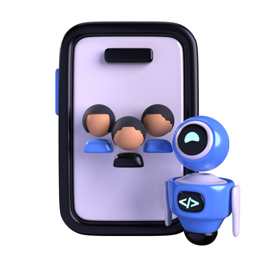 Phone with group chat icons beside a small blue chatbot robot