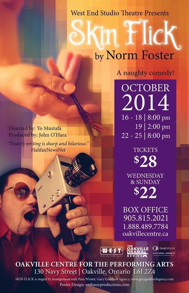 Orange poster for “Skin Flick” by Norm Foster, showing a hand holding a film strip and a man with a film reel.