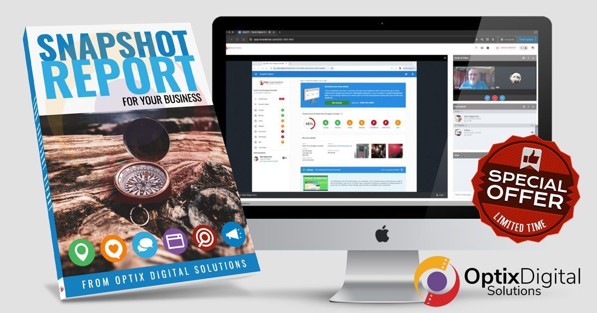 “Snapshot Report” booklet beside an iMac displaying analytics, with a red “Special Offer” badge and OptiDigital branding