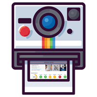 Retro instant camera with a rainbow stripe and a small photo print emerging below