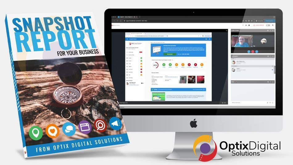 Promotional graphic for Snapshot Report software on an iMac with app interface and OptixDigital logo