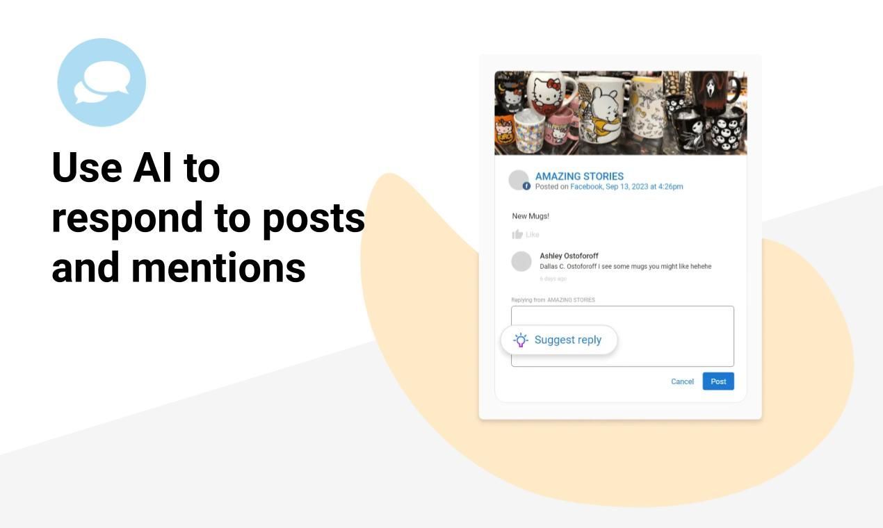 Text: “Use AI to respond to posts and mentions” beside a small social media reply UI mockup.