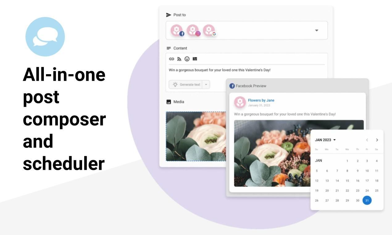 All-in-one post composer and scheduler with social media post previews and calendar popup