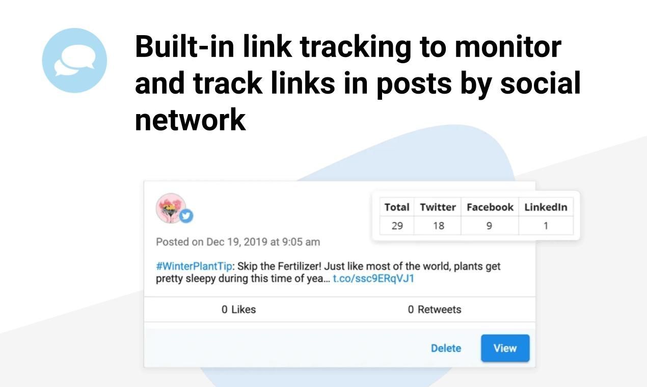 Built-in link tracking dashboard showing social network post metrics and tracked links.