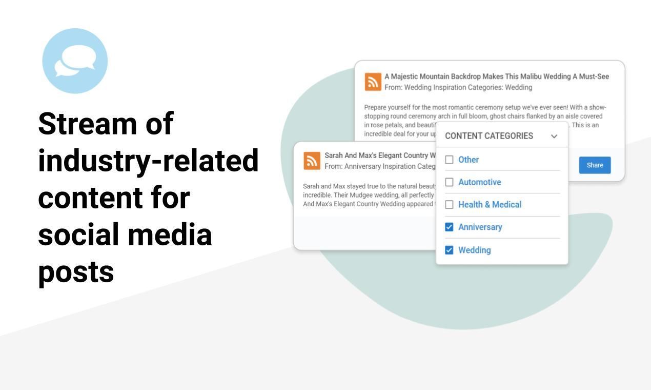 Dashboard graphic for stream of industry-related social media content, with white and teal interface cards on the right