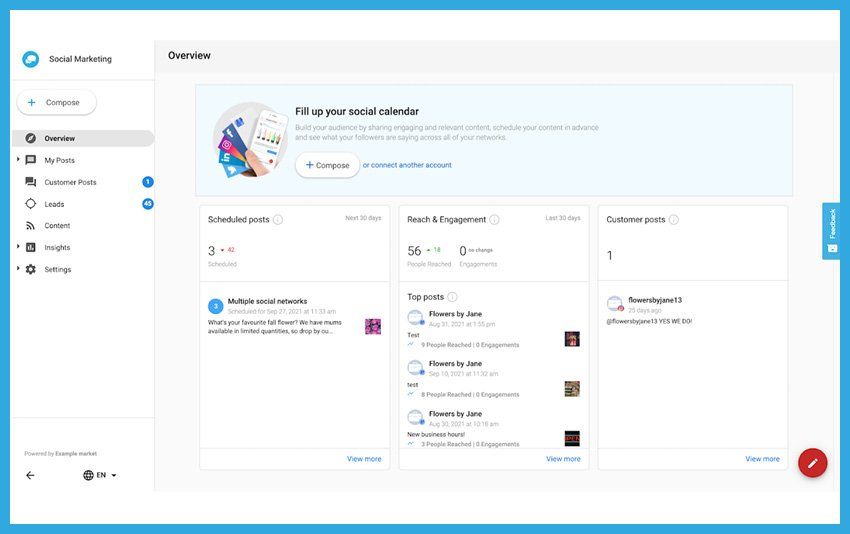 Dashboard webpage with left navigation and task cards on a white-and-blue interface