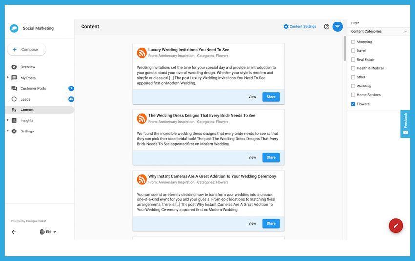 Web dashboard with left sidebar and stacked notifications/cards in the main panel, blue action buttons on each.
