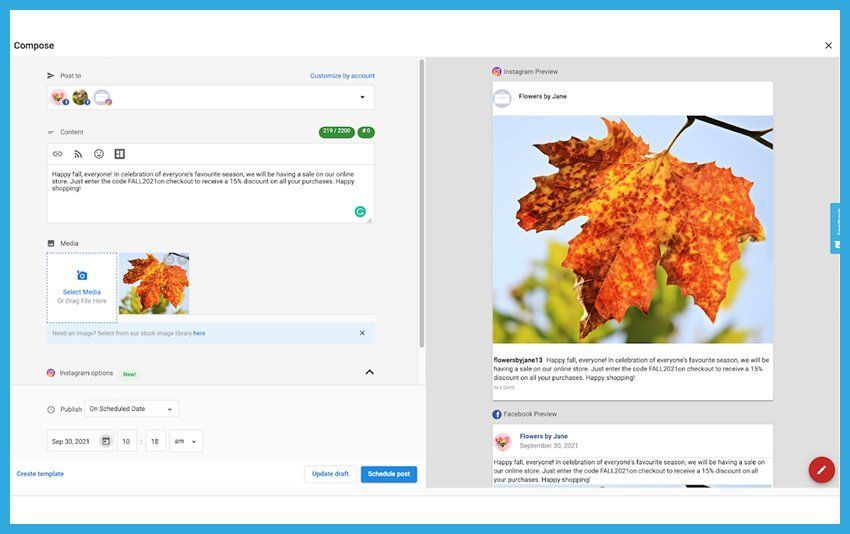 Social media post editor with a preview of orange autumn leaves on the right.