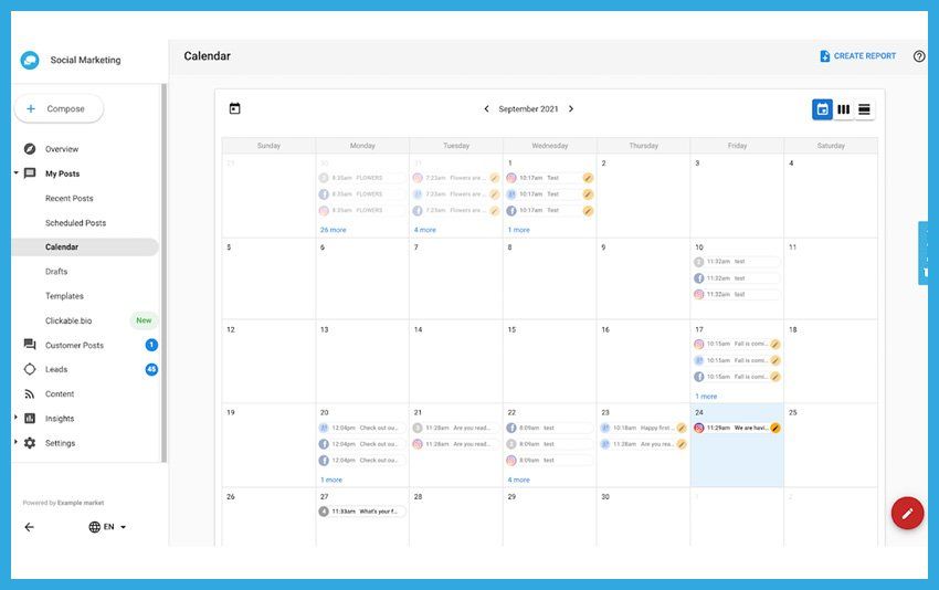 Calendar month view in a web app with event blocks, left navigation sidebar, and a red add button.