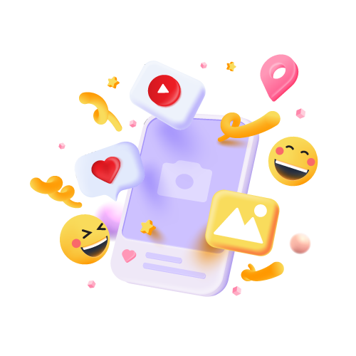 Colorful social media icons floating around a pastel smartphone with heart, like, and photo symbols
