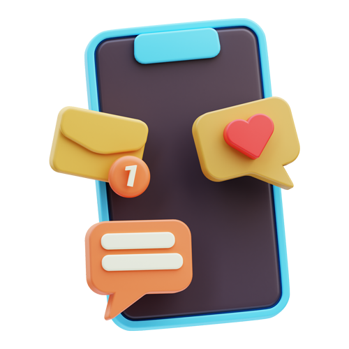Smartphone with colorful chat bubbles, a heart reaction, and a notification badge on a dark screen
