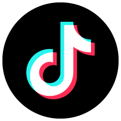 TikTok logo in black, white, cyan, and pink on a black circle background