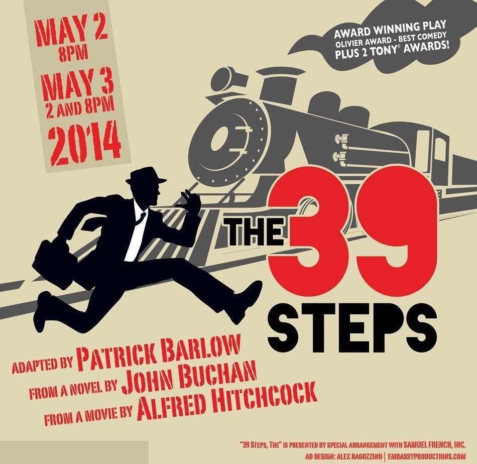 Poster for The 39 Steps with bold red title, running silhouette, and dates May 2-3, 2014