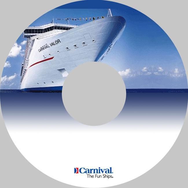 Carnival cruise ship on a CD-shaped graphic with blue sky and ocean, Carnival logo below
