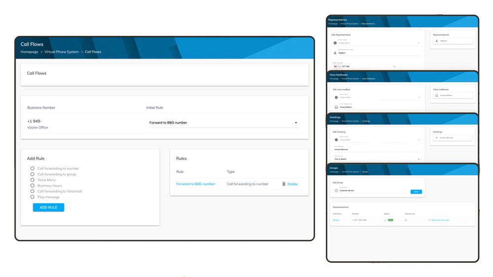 Blue-and-white dashboard UI shown on desktop and mobile, with cards and form sections