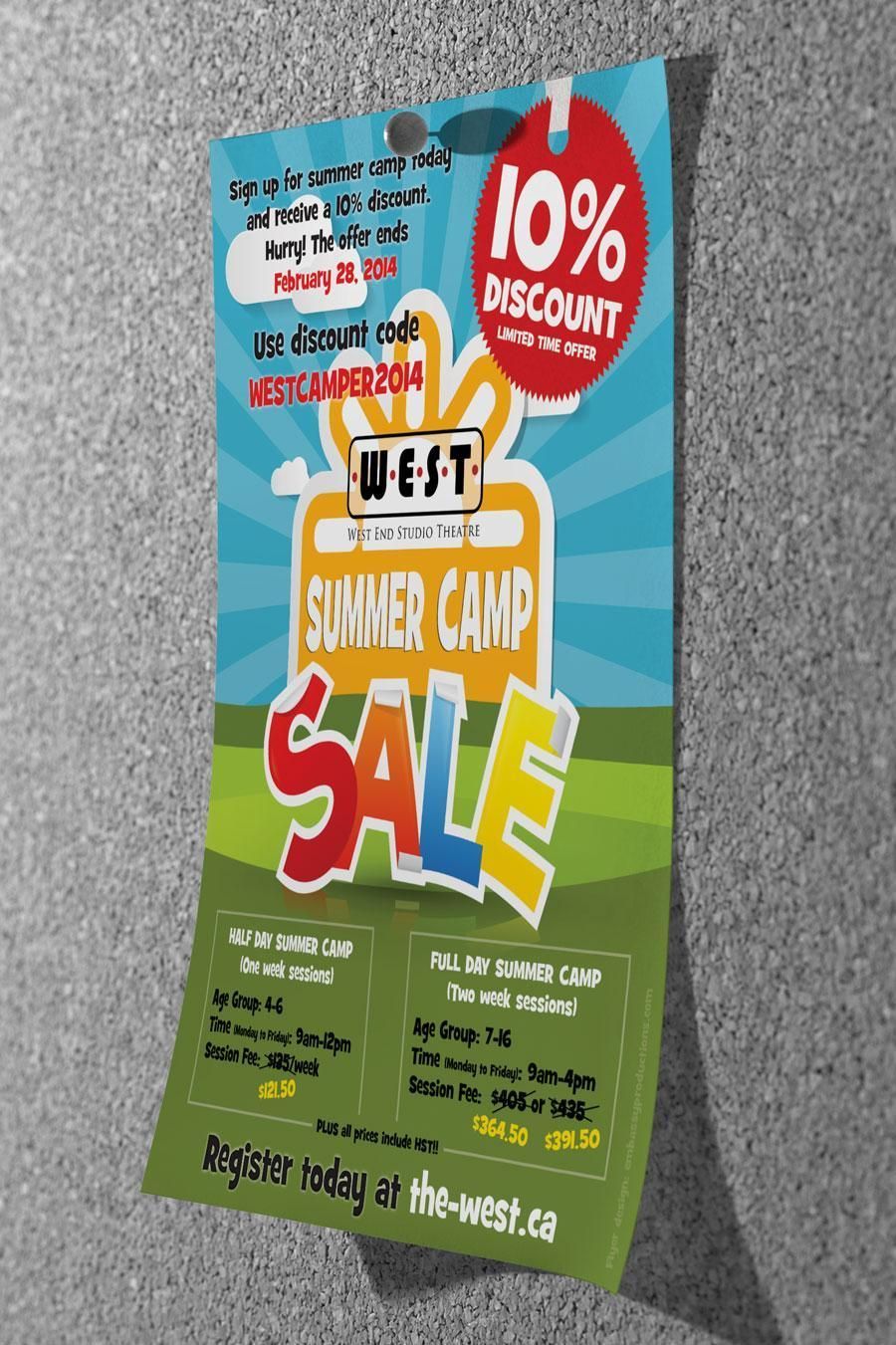 Colorful summer camp sale flyer with “10% discount” badge and bold “BEST SUMMER CAMP SALE” text.