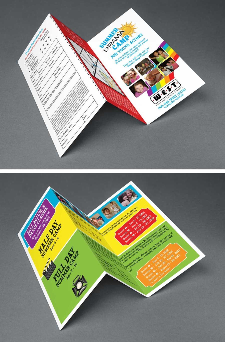 Two colorful tri-fold brochure designs, one white and red, one green and yellow, displayed on a gray background