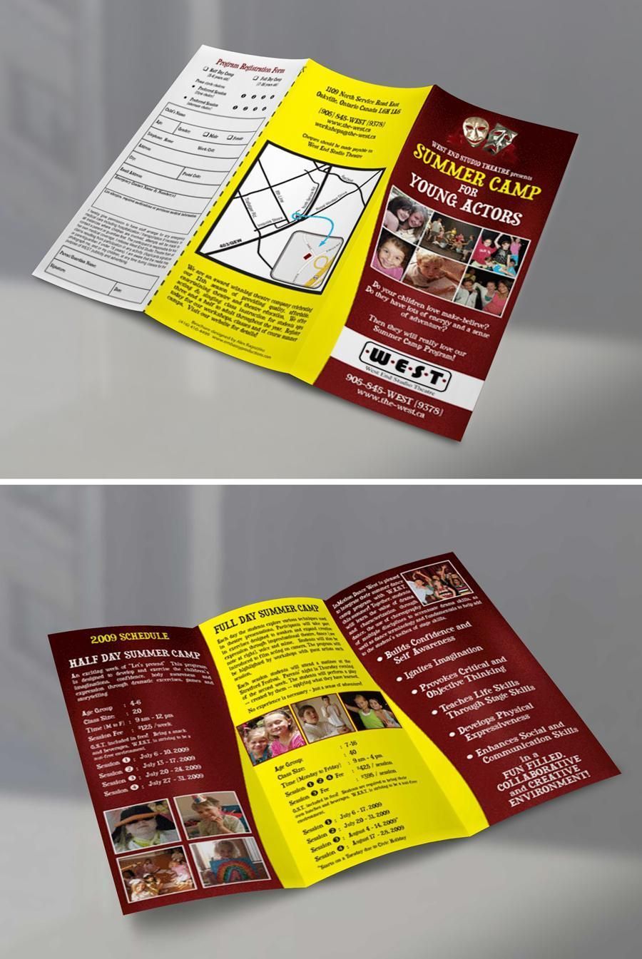 Tri-fold brochure mockups in yellow, maroon, and white, shown open with text and photo panels.